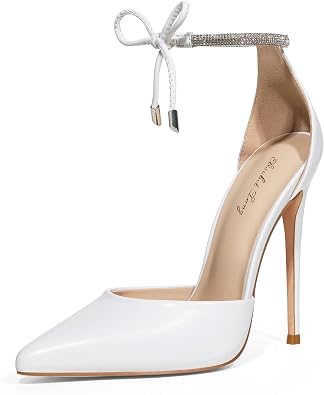 Elisabet Tang Women's 4 Inch Stiletto High Heels,with Sparkly Adjustable Ankle Strap Rhinestone,Closed Pointed Toe Pumps with Bow, Strappy Wedding Dress Shoes