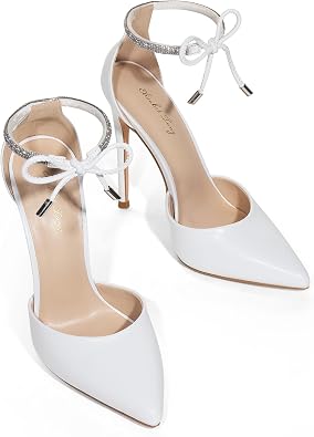 Elisabet Tang Women's 4 Inch Stiletto High Heels,with Sparkly Adjustable Ankle Strap Rhinestone,Closed Pointed Toe Pumps with Bow, Strappy Wedding Dress Shoes