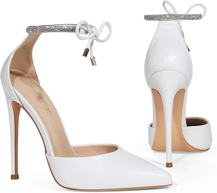 Elisabet Tang Women's 4 Inch Stiletto High Heels,with Sparkly Adjustable Ankle Strap Rhinestone,Closed Pointed Toe Pumps with Bow, Strappy Wedding Dress Shoes