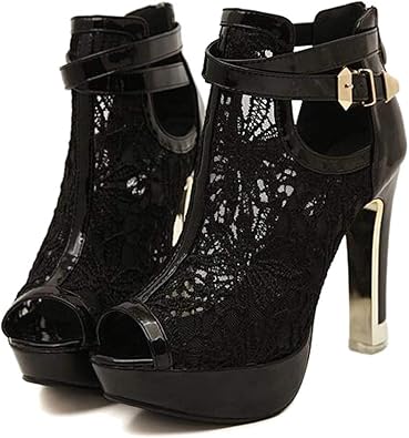 getmorebeauty Women's Pretty Lace Flowers Open Toes High Heels Ankle Boots