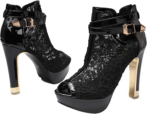 getmorebeauty Women's Pretty Lace Flowers Open Toes High Heels Ankle Boots