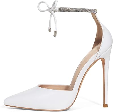 Elisabet Tang Women's 4 Inch Stiletto High Heels,with Sparkly Adjustable Ankle Strap Rhinestone,Closed Pointed Toe Pumps with Bow, Strappy Wedding Dress Shoes